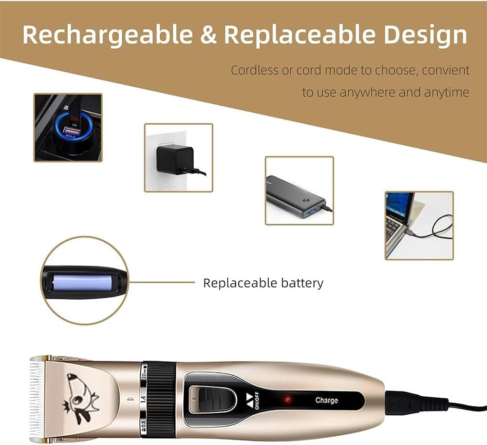 Dog Cat Pet Grooming Kit Rechargeable Cordless Electric Hair Clipper Trimmer Set